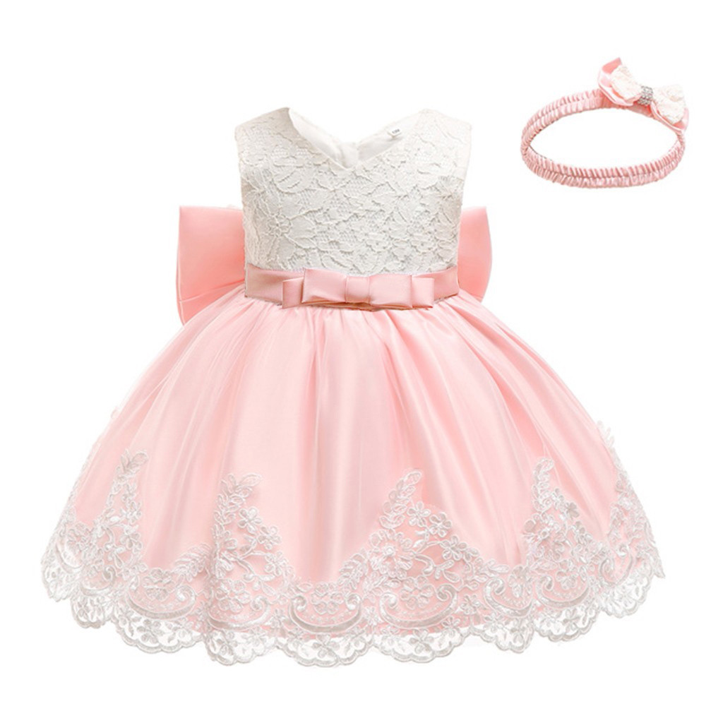 JSCDRPDWL Girls Dresses Baby Girls Lace Bowknot Princess Wedding Formal Tutu Dress+Headband Set Clothes Girls White Dress Beige 6-12 Months